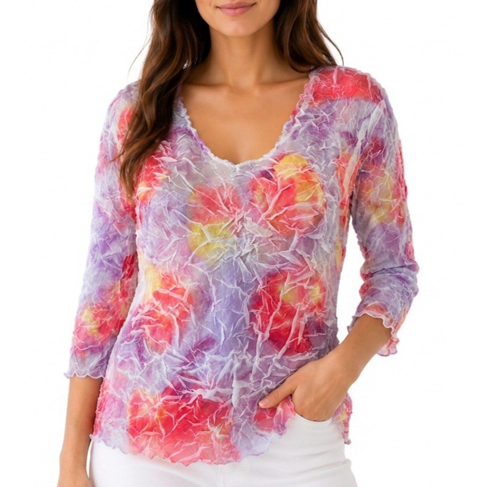 Komarov Top Blouse Shirt Crinkle Floral Purple V neck 3/4 Sleeve Abstract L